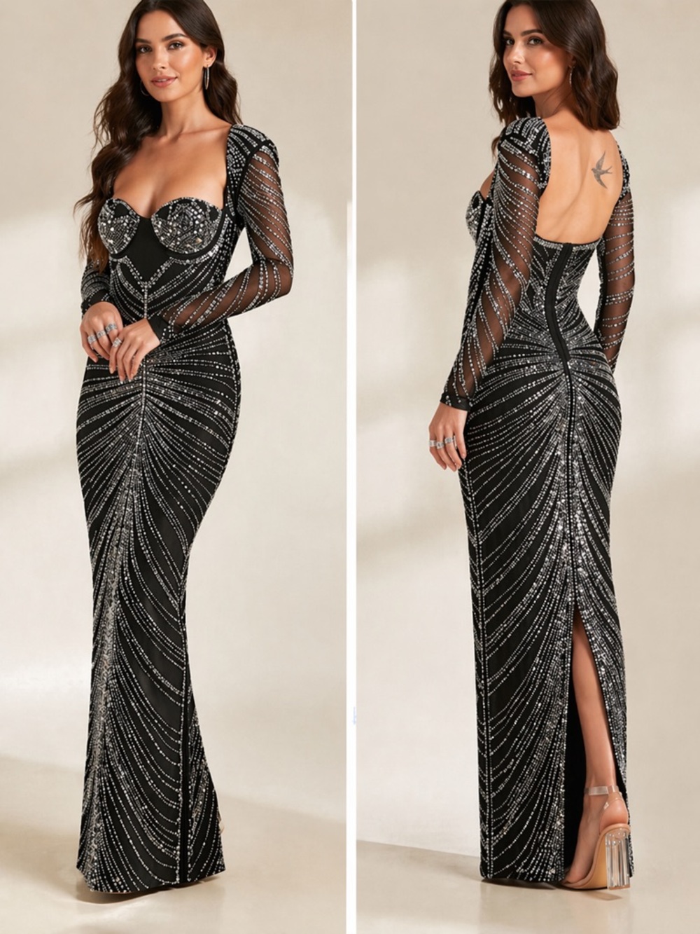 Windsor Jewel Embellished Black Bodycon Maxi Dress Long Sleeves NWT Small